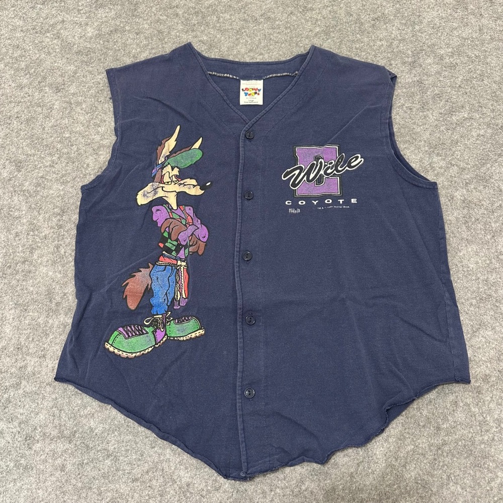 Looney Tunes Wile E Coyote Shirt Mens Large Blue Vintage 95 Sleeveless Baseball